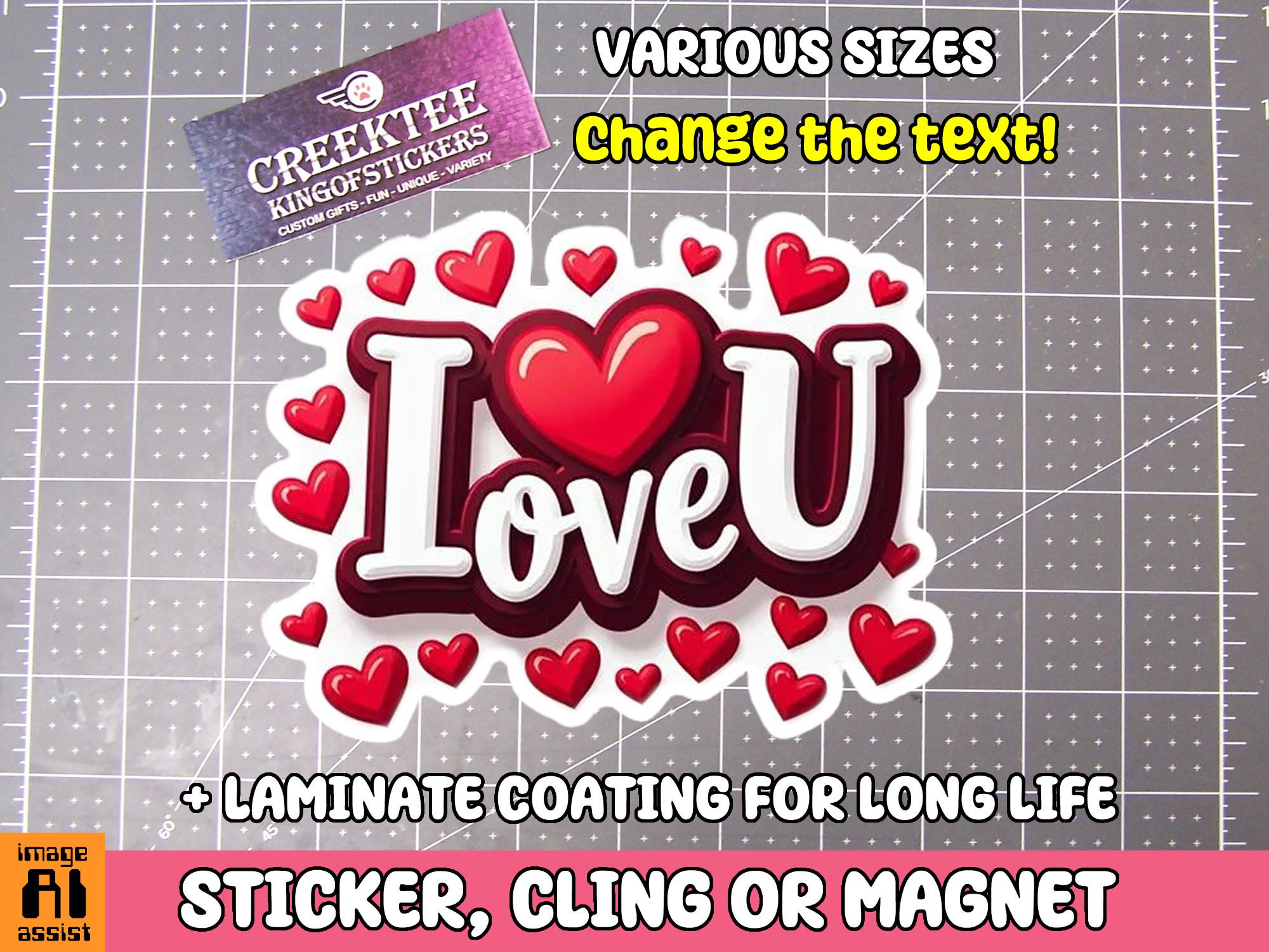 I Love You Die Cut Vinyl Sticker Window Cling or Magnet with Laminate Coating in Various Sizes
