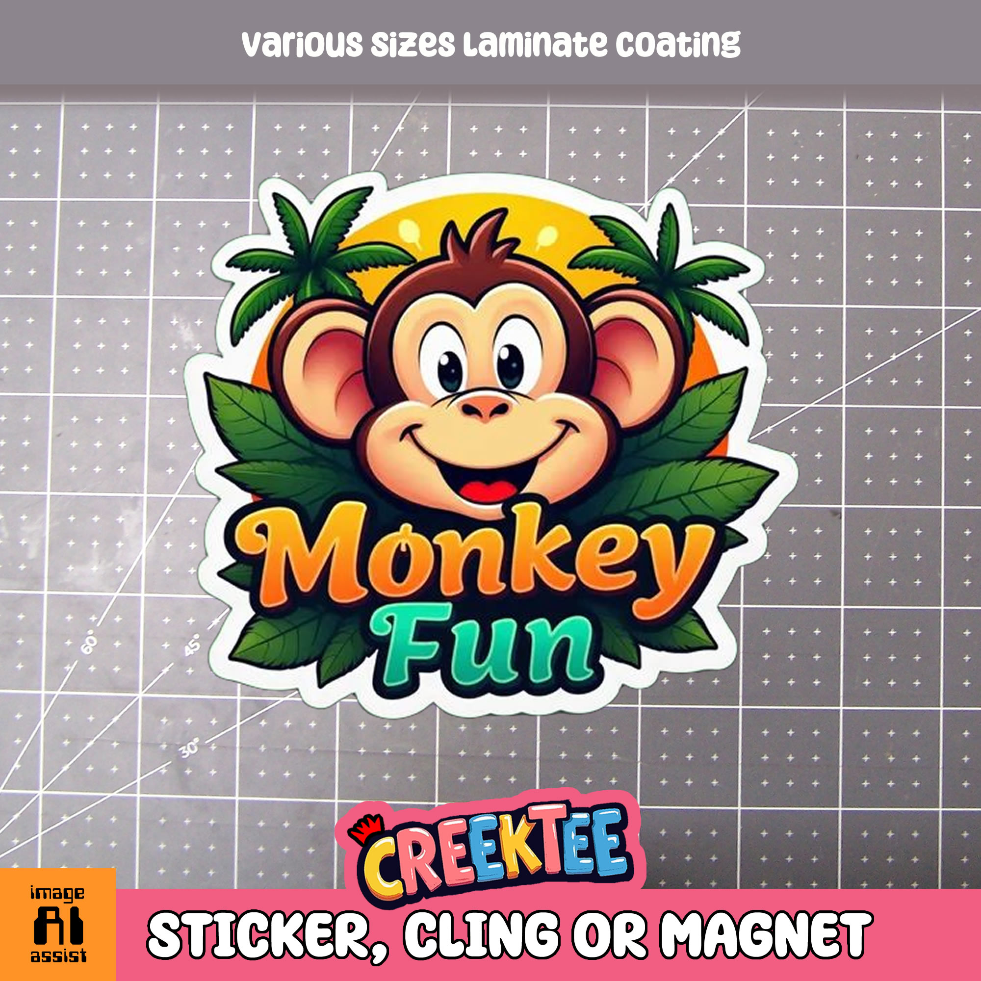 Monkey Fun Die Cut Vinyl Sticker Window Cling or Magnet with Laminate Coating in Various Sizes