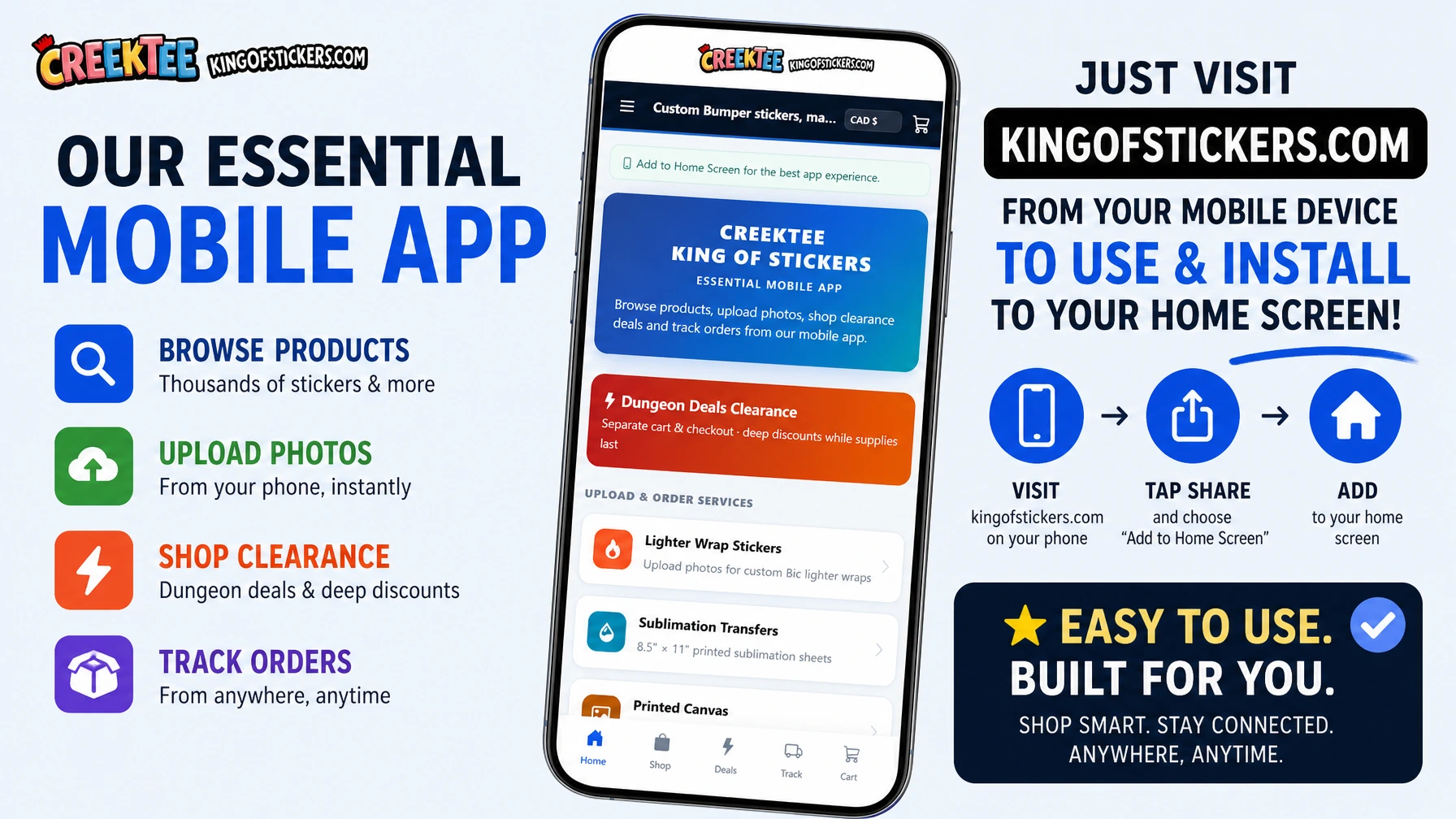 King of Stickers Essential Mobile App — shop, upload, deals, and order tracking on your phone